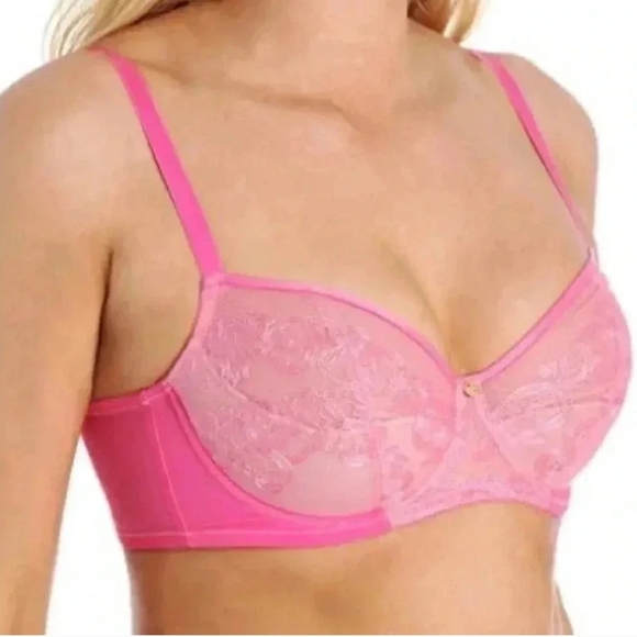 Natori True Decadence Bra Swiss Embroidery Sheer Lace Full Figure Pink 42DDD - Picture 1 of 14